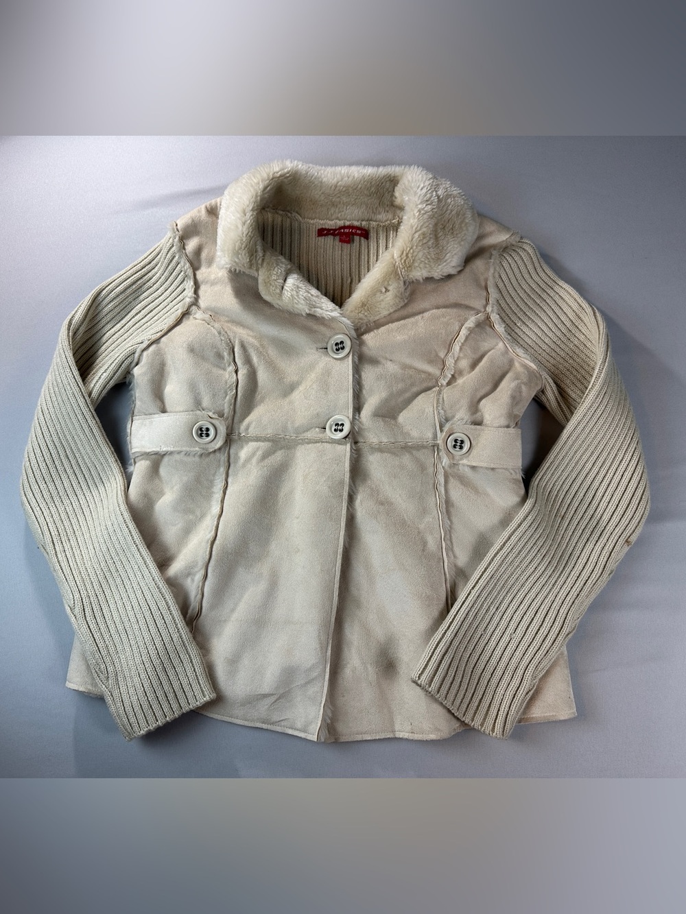 Y2K Cream Faux-Shearling Fur Trim Utility Jacket Sweater Button Up Rodeo Cowgirl
